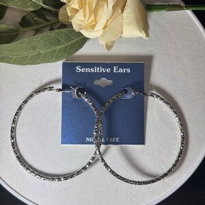 Sensitive Ears Silver Tone Textured 3 inch Hoop Earrings